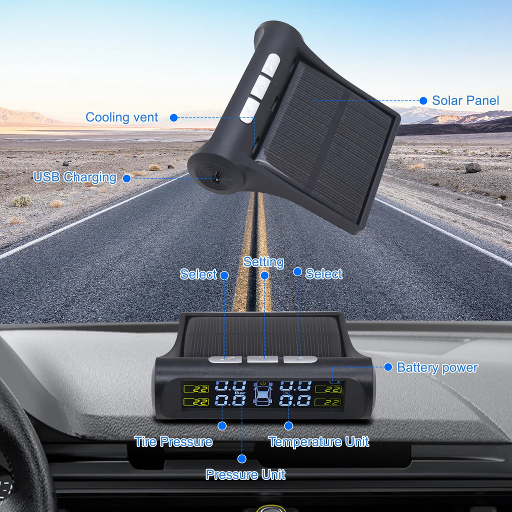 TPMS Solar Tire Pressure Sensor Car Tire Pressure Monitoring System with 4 Wheel Internal External Sensors TMPS