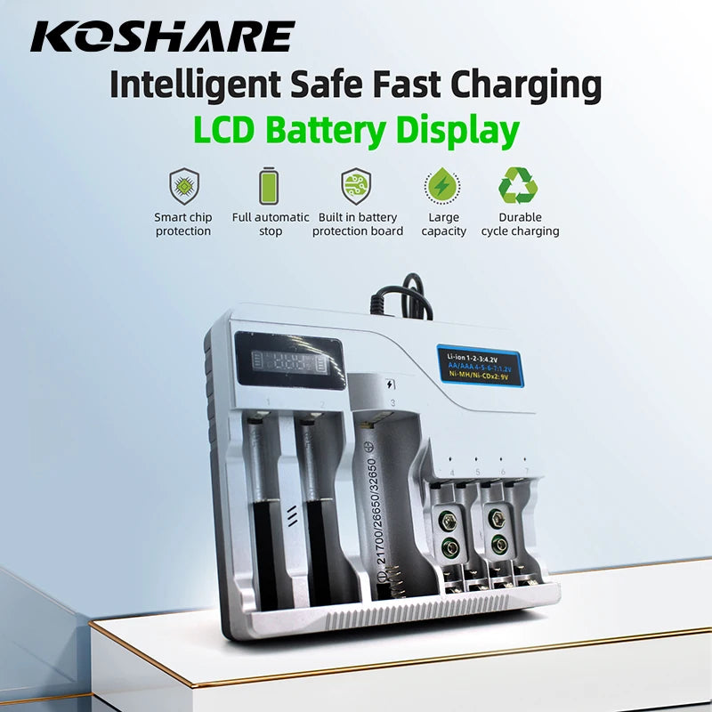 KOSHARE LED Smart Battery Charger For AA AAA Ni-MH Ni-Cd 9V Batteries 18650/16340/14500/21700 /26650/32650 Lithium Battery