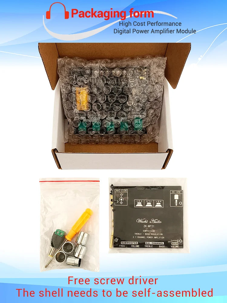 MT21 2.1 Channel Bluetooth 5.0 Audio Amplifier Board 100W Subwoofer 50W*2 L/R Stereo Amp Module Bass Treble Control AUX Input DC12-24V for Home Speaker DIY
