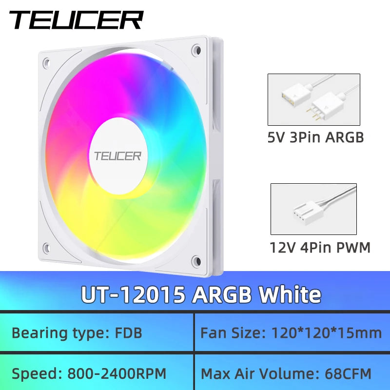 TEUCER UT-12015 120mm ARGB FDB Bearing Slim Cooling Fan High-Performance PC Case Fan for CPU Cooling and PC Builds