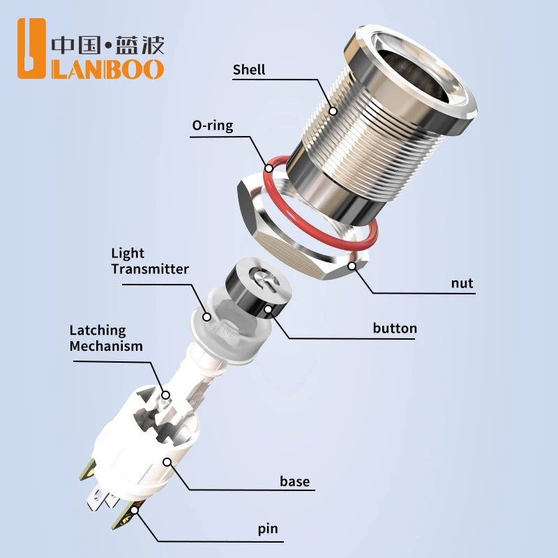 LANBOO 12E 7A High Current 4 Pin Switch Waterproof IP65 Latching or Momentary Micro Metal Push Button Switch with LED 24V220V