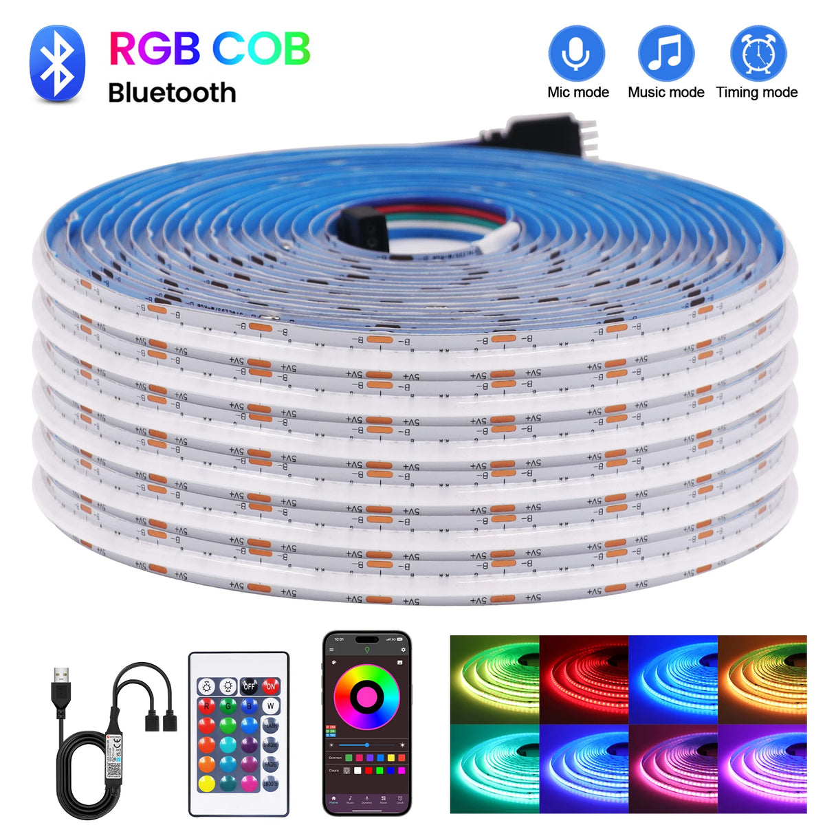 5V RGB COB LED Strip 576LEDs/m Bluetooh App IR Remote Control USB RGB LED Strip Flexible Tape for TV Backlight Room Decoration