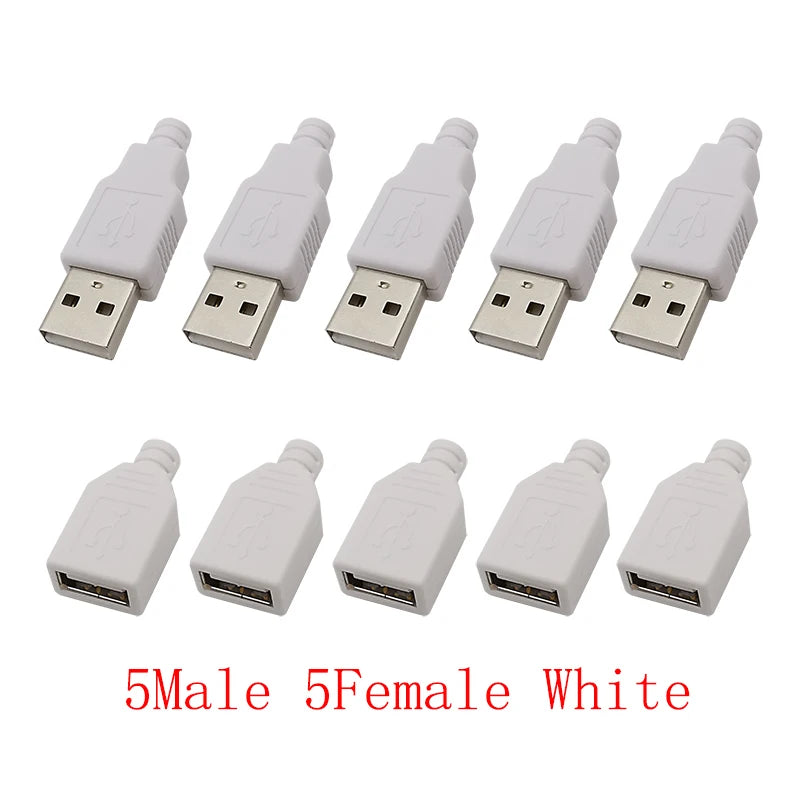 10Pcs USB 2.0 Type A Male Plug/Female Socket 4 Pin Soldering Connector USB Port Charging Data Cable Repair DIY Assembly Adapter