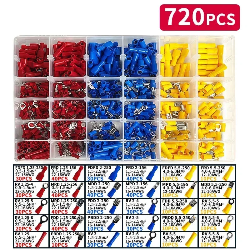 280/480/720/1200/1500pcs Quick Connect Terminal Kit - Cold Pressed Fork/Ring/Spade Lugs for Low Voltage DC Wiring Systems