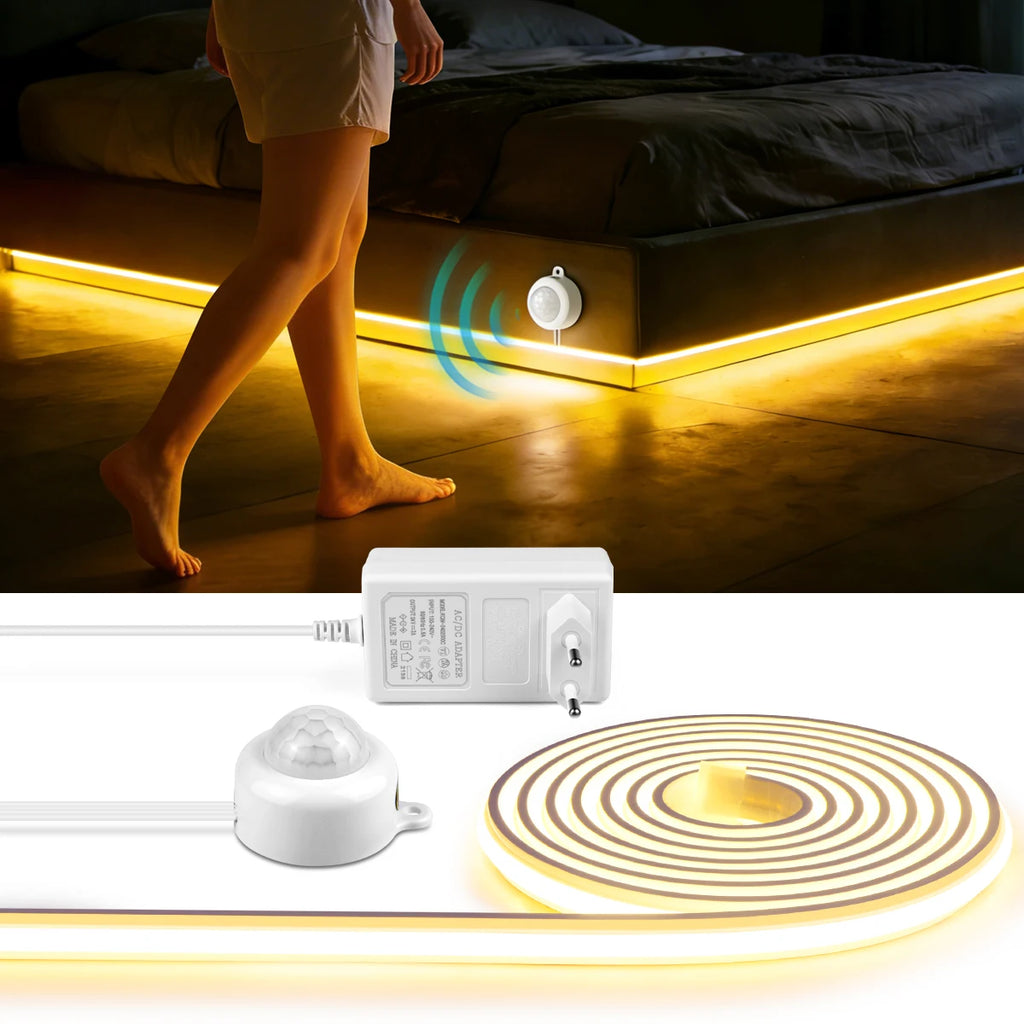 2m 5m 10m Smart PIR Motion Sensor Switch 24V COB LED Strip Light Neon Silicone Gel Tape Auto ON/OFF For Stair,Wardrobe Decor