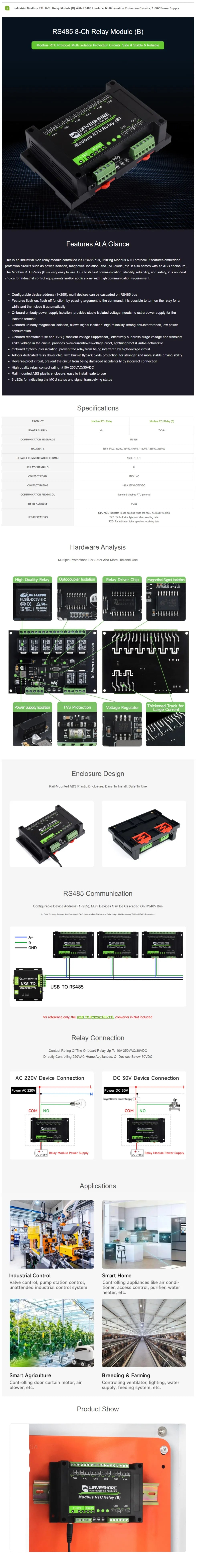 Waveshare Industrial Modbus RTU 8-ch Relay Module (B) with RS485 Interface, Multi Isolation Protection Circuits, 7~36V