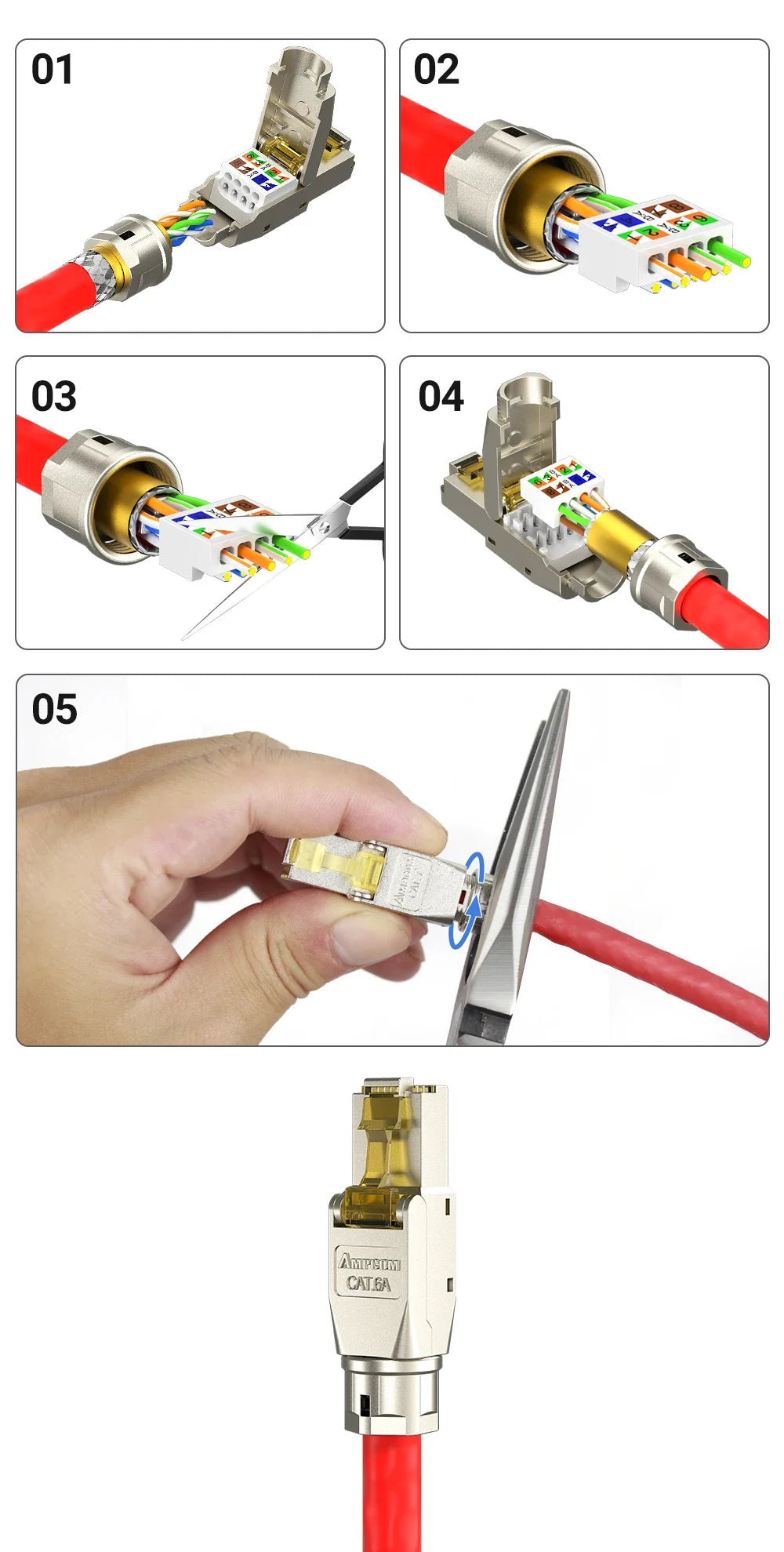 AMPCOM Tool-less RJ45 Connector, CAT8/7A/7/6A/6 Tool Free Reusable Termination Plugs Shielded Ethernet Field Modular PLug