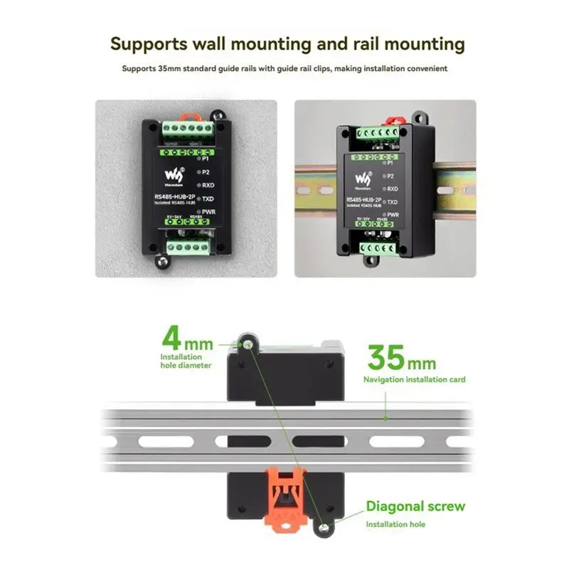 Waveshare Industrial Isolated 2-CH RS485 Hub Repeater 1-RS485 To 2- RS485 Network Relay/Control/Isolation RS485-HUB-2P-ABVP