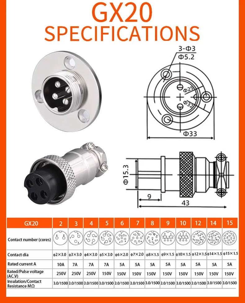 5/10 Sets GX12 GX16 GX20 Flange Butting Type Aviation Plug &Socket 2/3/4/5/6/7/8/9/10/12/14/15 Pin Male&Femal Connectors Coppe