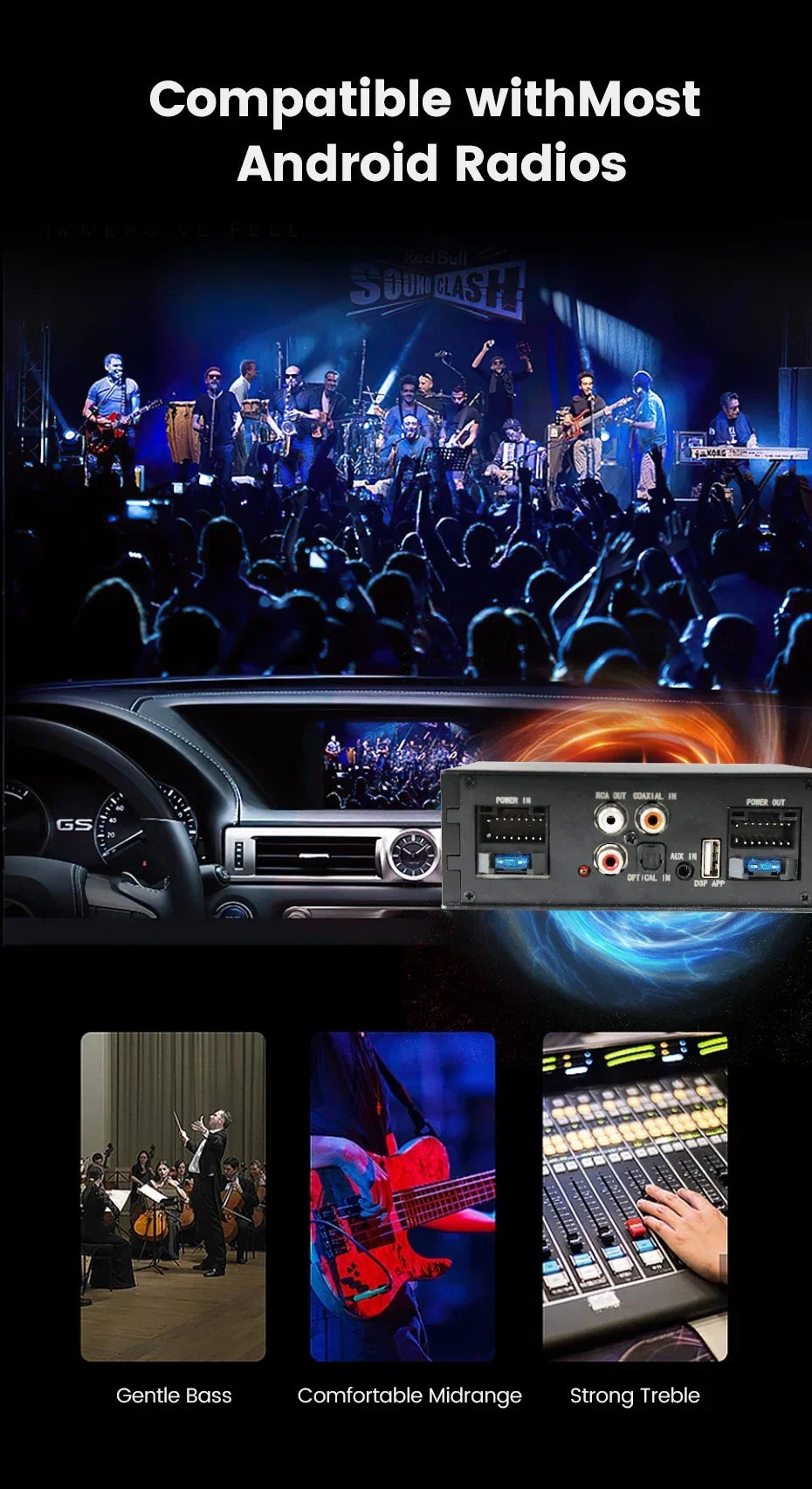Car DSP Amplifier for Android Radio 16PIN Stereo HIFI Speakers Upgrade 4*50W Digital Audio Signal Processor BT APP EQ Adjustment