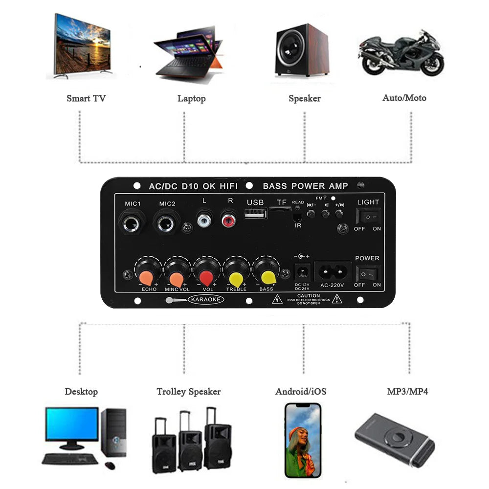D10 Digital Bluetooth Amplifier Board 110V 220V 12V Subwoofer D 10 Dual Microphone Karaoke Amp Speaker Home Theater DIY BASS AMP