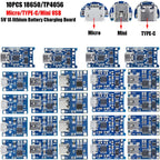 10PCS Micro/TYPE-C/MINI USB 5V 1A 18650 TP4056 Lithium Battery Charger Module Charging Board With Protection Dual Functions XCW