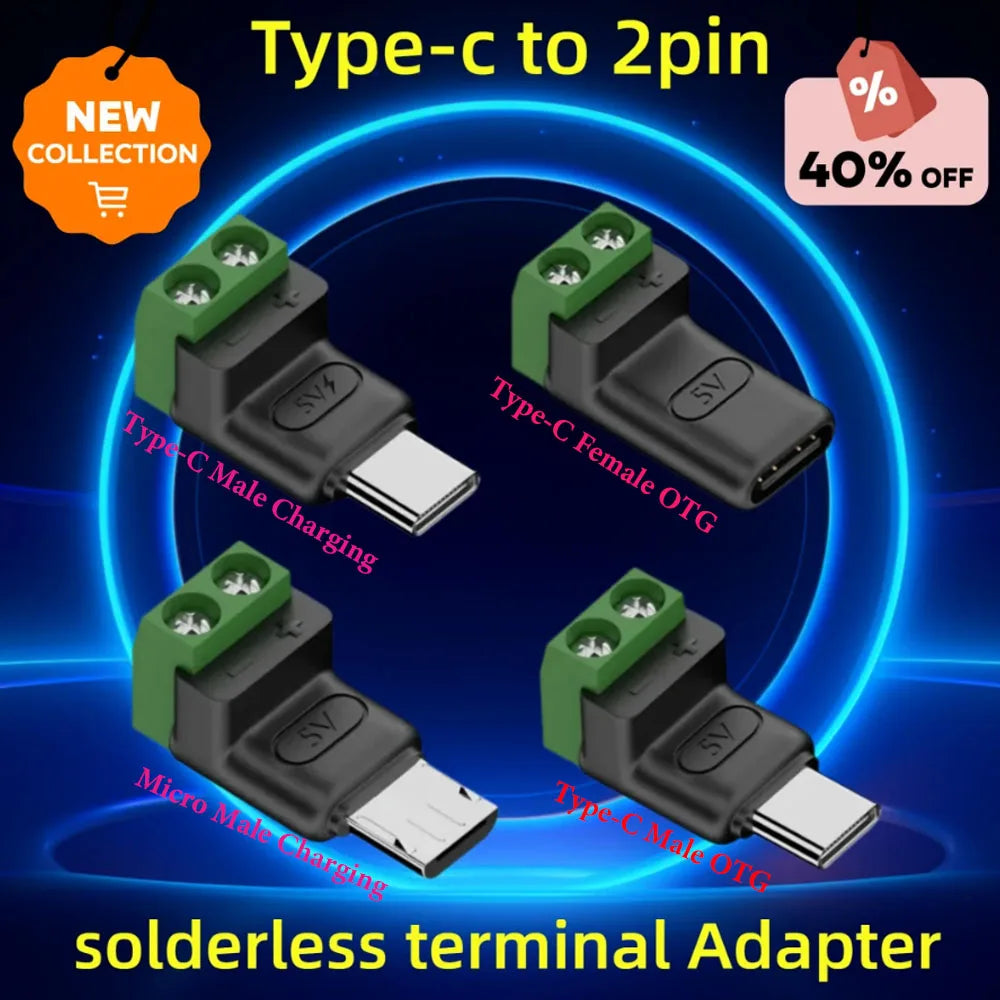 1Pcs 2Pin Type-C Adapter Quick Connection Head Type C Male Female Micro USB 5V To 2 Pin No Solder Green Terminal Adapter