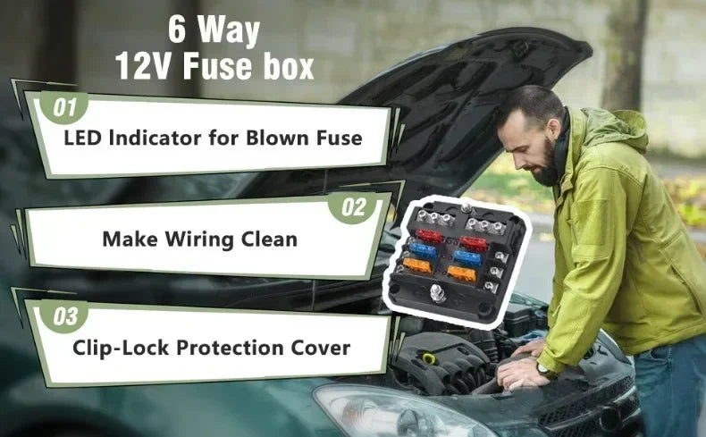 6/12 Way Blade Fuse 12-24V Car Boat Fuse Box Holder with Plastic Cover for Power Panel Board Camper RV Accessorie