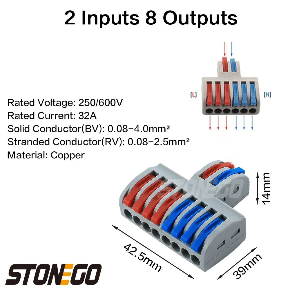 STONEGO Wire Fast Connector 2 In 4/6/8 Out Wire Splitter Terminal Compact Wiring Cable Connector