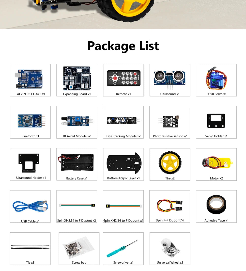 LAFVIN Smart Robot Car for Arduino 2WD Chassis Robot Car Kit With Ultrasonic Module, L298N Driver Board, Remote, IR Control
