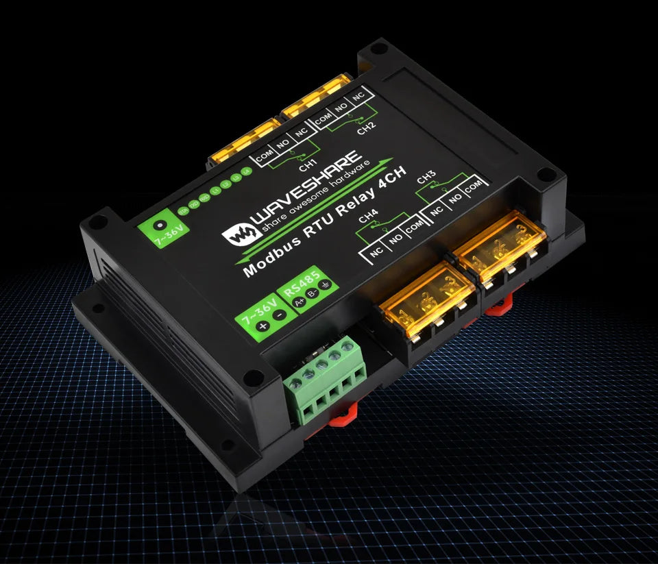 Waveshare Industrial Modbus RTU 4-ch Relay Module with RS485 Interface, 30A High Current, Onboard LED Indicators