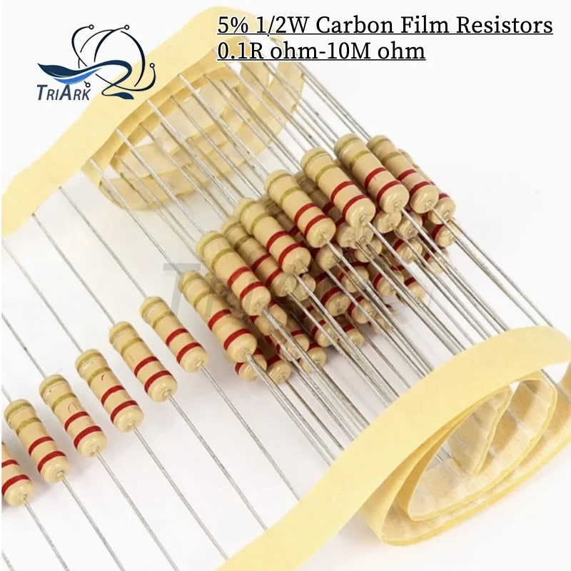 50PCS 1/2W 5% 0.1R~10M Carbon Film Resistors 100R 220R 1K 1.5K 2.2K 3K 4.7K 10K 22K 47K 100K 1M 100 220 2K 4K7 Ohm Resistance