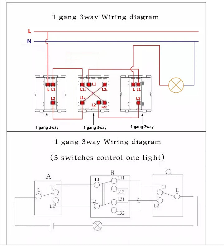JHJCH - 1 Gang 1/2 Way Stair Switch, Tempered Glass Panel, Rocker Light Switch, On / Off Switch, Toggle Wall Switch