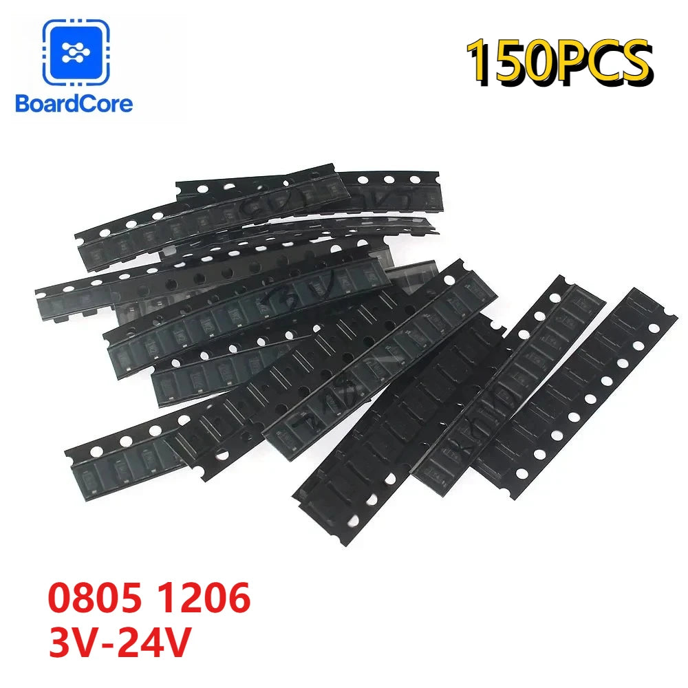 150PCS 0805 1206 Zener Diode Kit 15 Values 3.3V-15V in Mixed SMD Packages (SOD-123, SOD-323) for DIY Projects