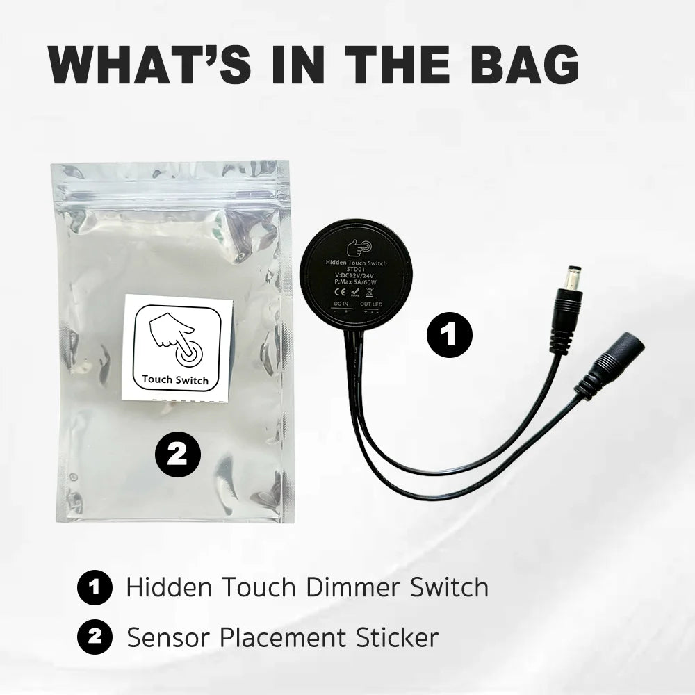 12V/24V 60W Touch Switch, Suitable for Concealed Installation in Furniture with a Thickness of 0-40mm, LED Touch Dimming Sensor.