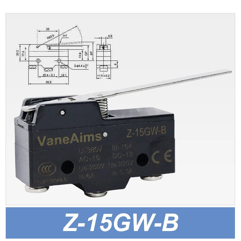 Z-15 Micro Limit switch Travel Switch Small Horizontal Roller Lever 15A 250V 1NO1NC Normally Open Normally Closed Travel Switch
