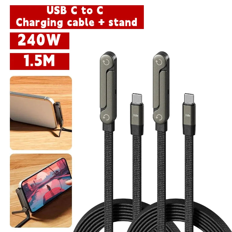 240W 2 in 1 USB C to USB C Fast Charging Foldable Bracket Data Cable Type C Desktop Holder Charging Wire For Iphone17 16 Samsung
