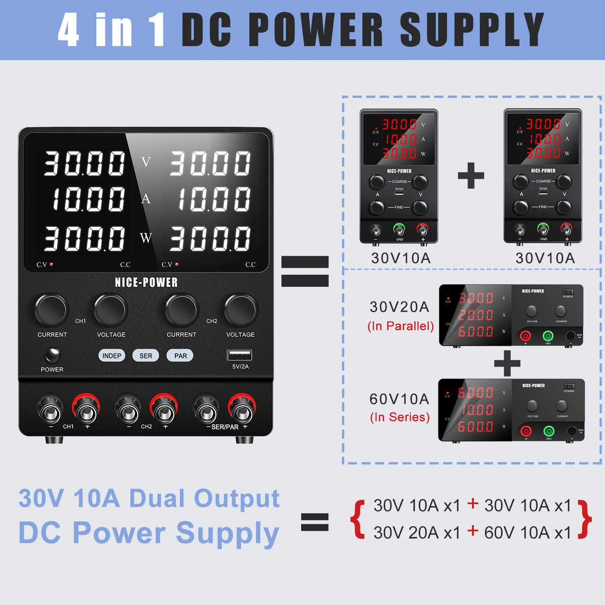NICE-Power Dual Lab Power Supply 30V 10A Adjustable 3 Channel 60V 120V 240V Digital Bench Power Source Multiple Series Parallel