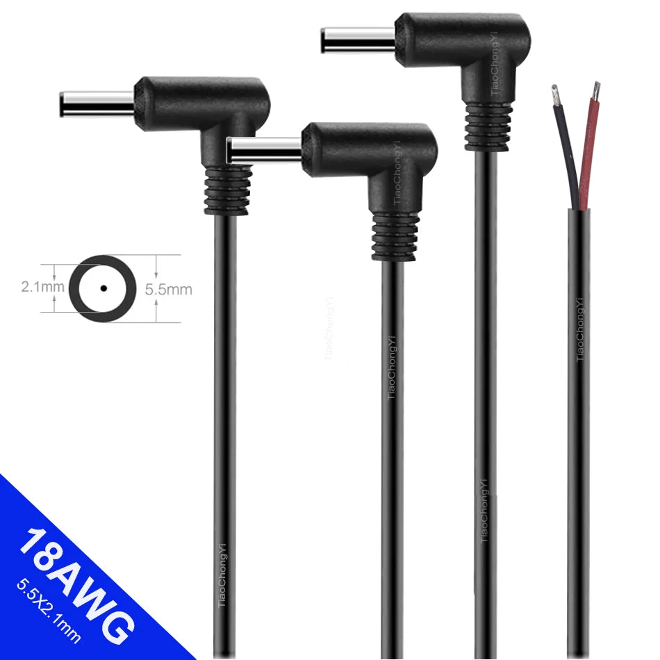 18AWG DC Power Connector 5.5 X 2.1mm / 2.5mm Male To 5.5 2.1/2.5mm Male Plug Cable Right Angled 90 Degree Power Cable 29cm