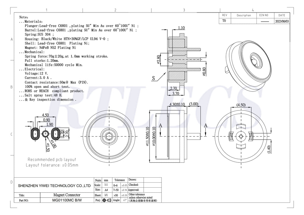 Circular High Current 3A 12V Magnetic Connector Threaded Panel Mount Holes Self-Locking Waterproof Terminals Charging Wire PH2.0