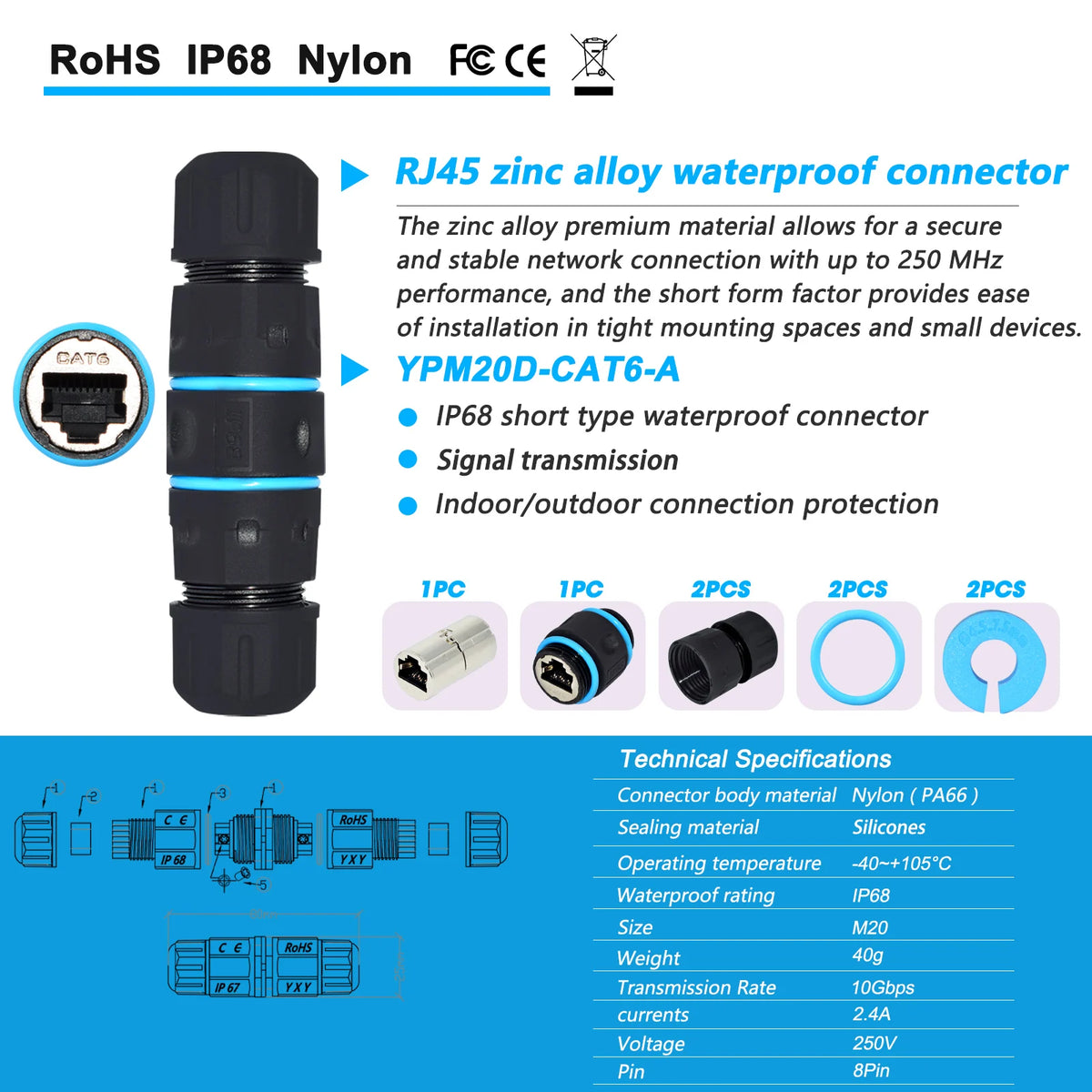 M20 RJ45 Zinc Alloy Connector Ethernet Network Straight-through Waterproof IP68 Header Panel Outdoor Broadband Network Cable