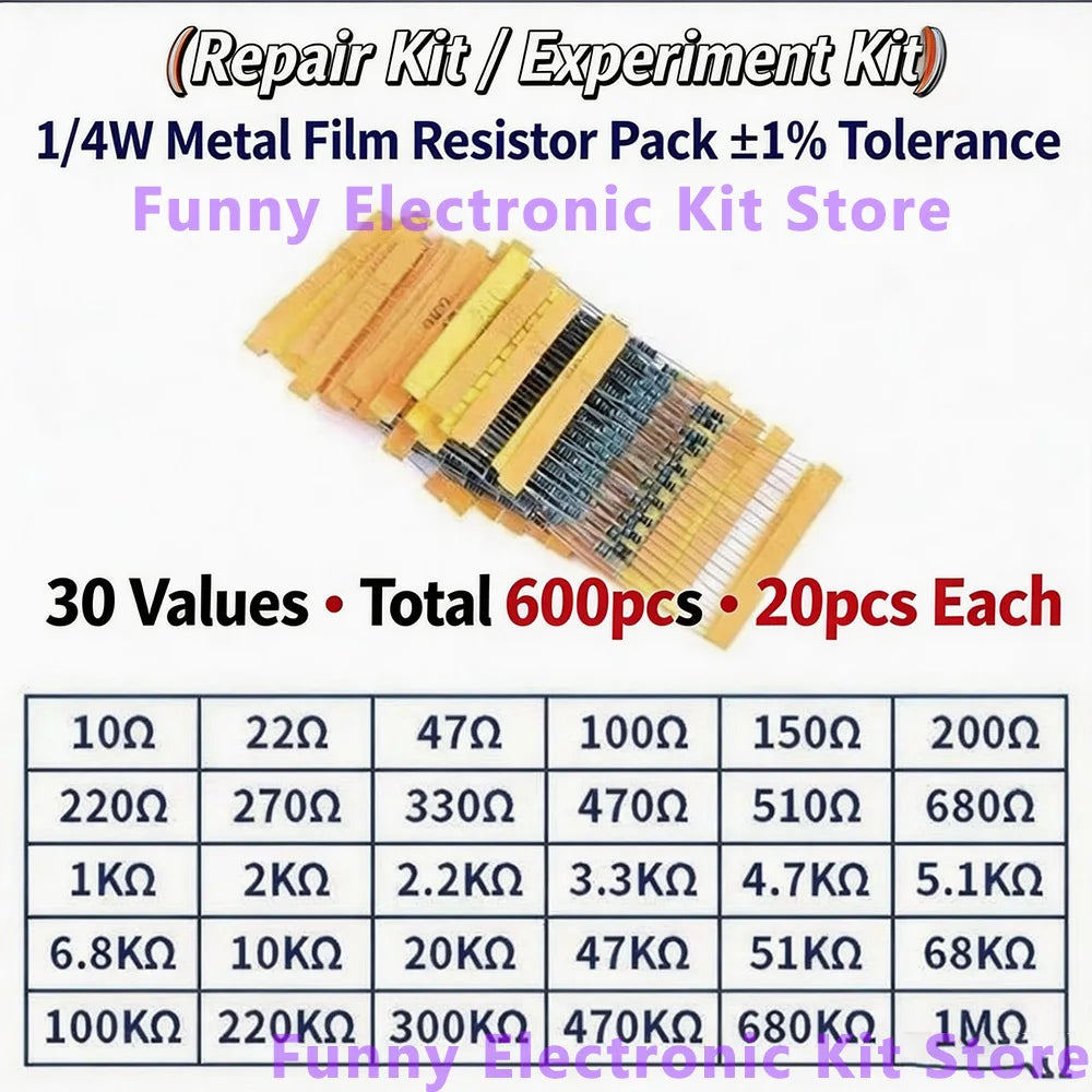 600Pcs Assorted Metal Film Resistor Kit 30 Values 1/4W 1ohm-10Mohm 1% Tolerance Resistance for Electronics Projects