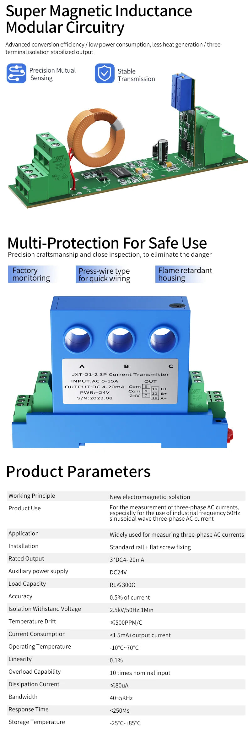 3 Phase AC Current Sensor 4-20mA 0-10V RS485 AC Current Transducer 0-10A 0-25A 0-35A AC Current Sensor Transmitter