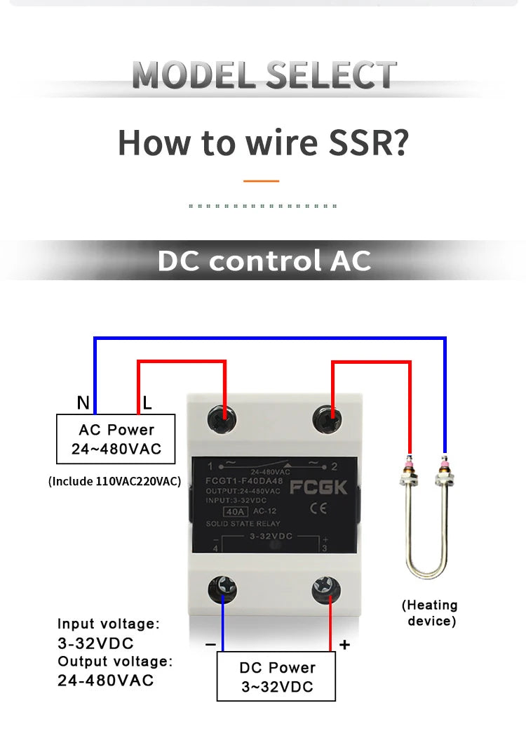 10A SSR 25A Solid State Relay 40A Output 3-32VDC 24-480VAC 220V Single Phase DC TO AC 40A Relay SSR HeatSink SSR 40DA
