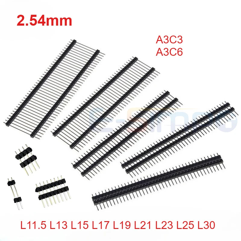 100pcs 2.54mm Gold Single Row Double plastic 1x2/3/4/5/6/7-40P PCB Board Spacer Male Pin Header Long 11.5/13/15/17/19/21/25/30mm