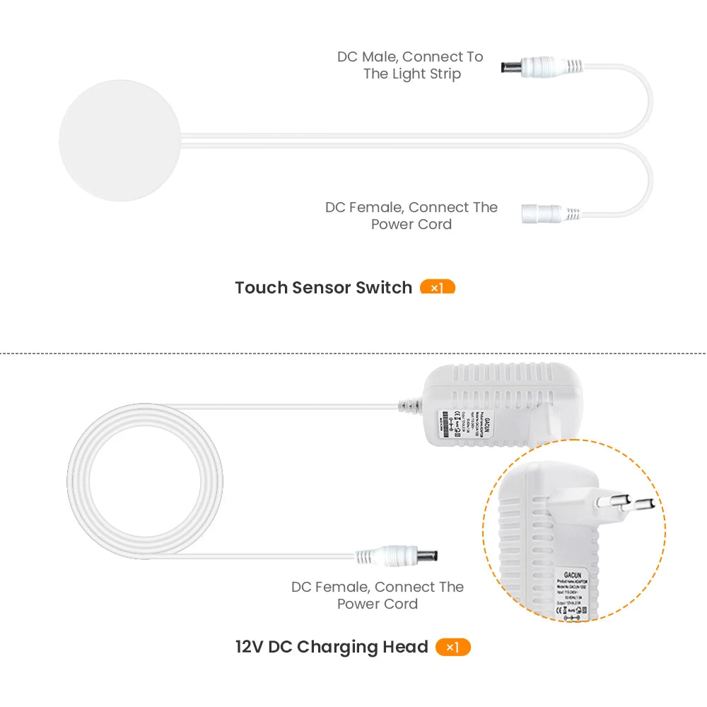 12V 24V Touch Dimmer COB LED Strip Light Hand Sweep Induction Switch US EU Power Kit Flex 320LEDs Tape Bedroom Kitchen Lighting