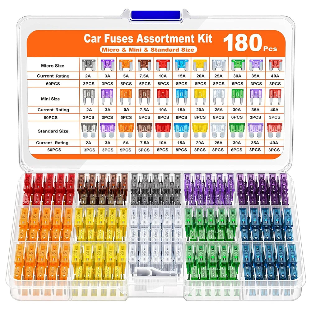 50/100/180Pcs Standard Car Fuses Assorted Kit, 60 Mini Blade Car Fuse +60 Standard Fuse Automotive +60 Micro Fuse