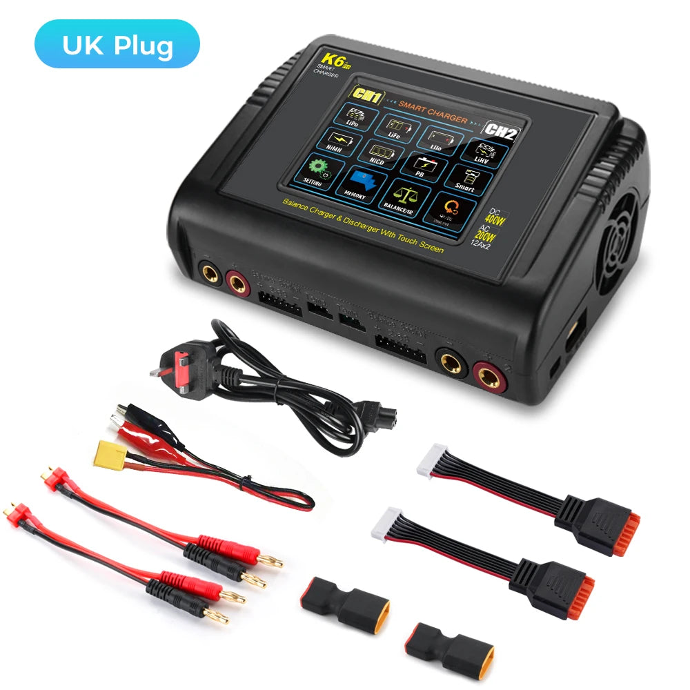 HTRC K6 Pro Lipo Charger Touch DC 400W AC 200W 12Ax2 RC Charger Discharger For LiPo LiHV LiFe Lilon NiCd NiMh Pb Battery Balance