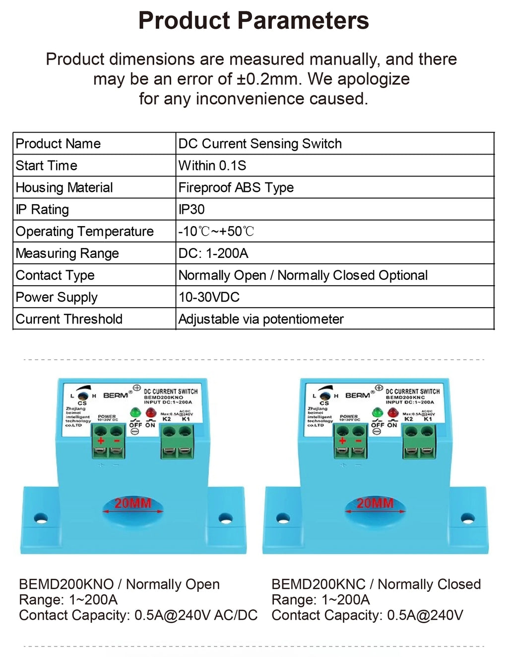 BEMD200 DC Current Sensor 1-200A 10-30VDC Current Transformer Overcurrent Protection Relay Current Detection Switch PLC