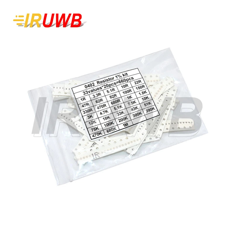660pcs=1206 33valuesX 20pcs 0805 0603 0402 0201 SMD Resistor Sample Assorted Kit 1ohm-1M ohm 1%
