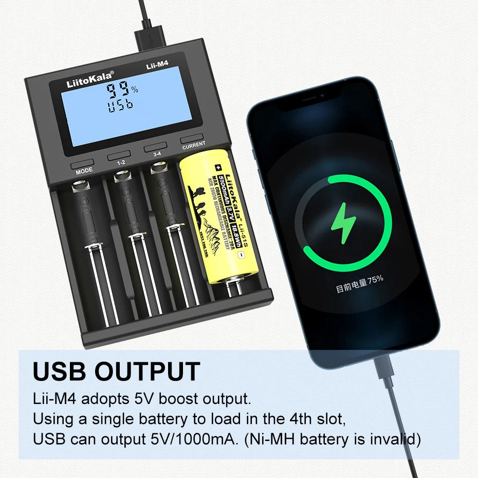 LiitoKala for 18650/26650/AA/AAA Li-ion/Ni-MH LCD Display Safe Fast Charging Lii-M4/M4S 4-Slot Smart Charger