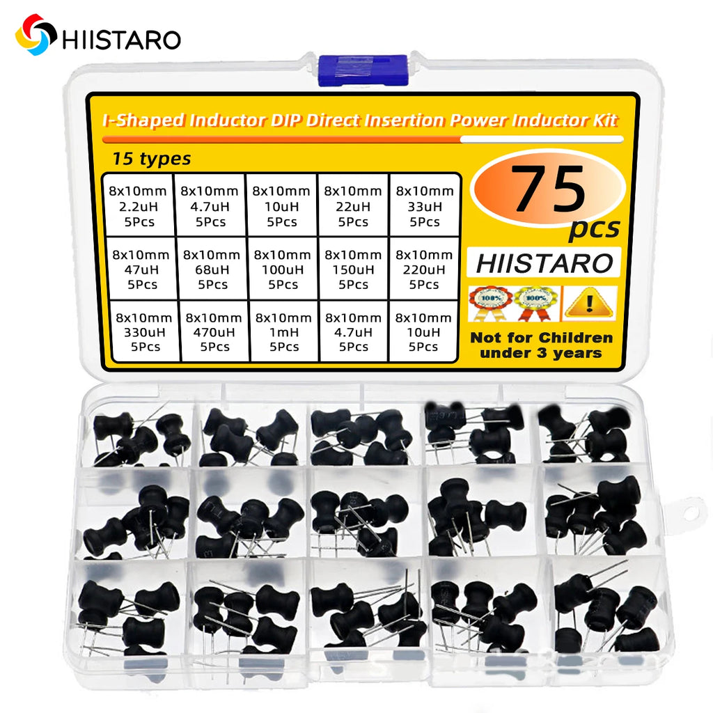 75Pcs 15 Specifications 8x10mm 2.2uH-10mH I-Shaped Inductor DIP Direct Insertion Power Inductor Kit