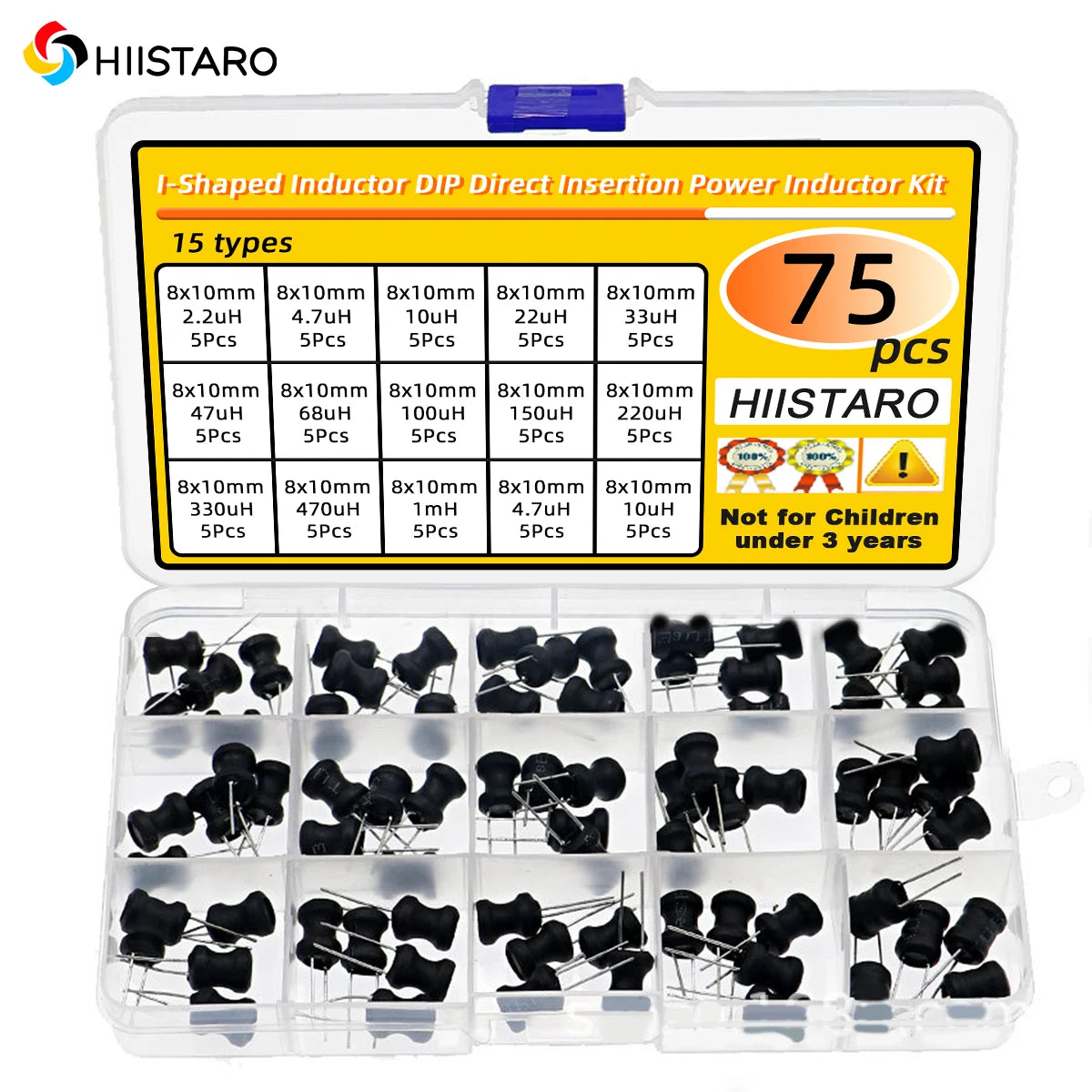 75Pcs 15 Specifications 8x10mm 2.2uH-10mH I-Shaped Inductor DIP Direct Insertion Power Inductor Kit