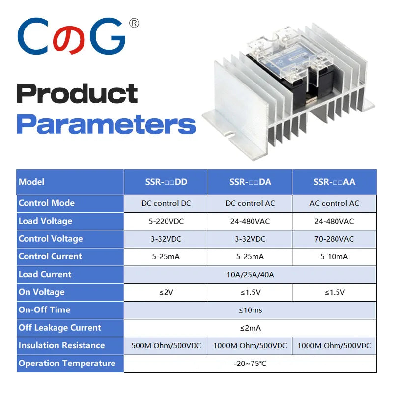 CG 1PCS Single-phase Solid State Relay Input 3-32VDC Output 24-480VAC DC to AC/DC to DC/AC to AC SSR 10/25/40A Module Relay