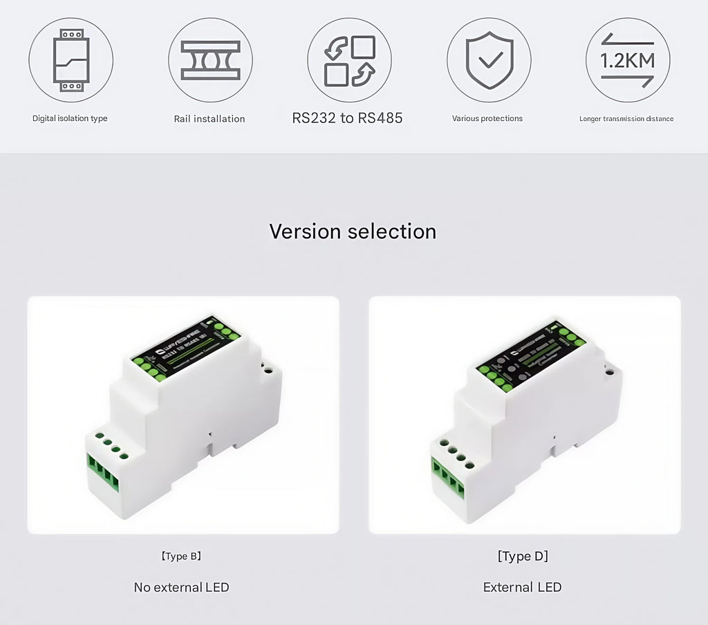 DIN-rail RS232 to RS485 serial communication converter module Active digital isolation Industrial communication
