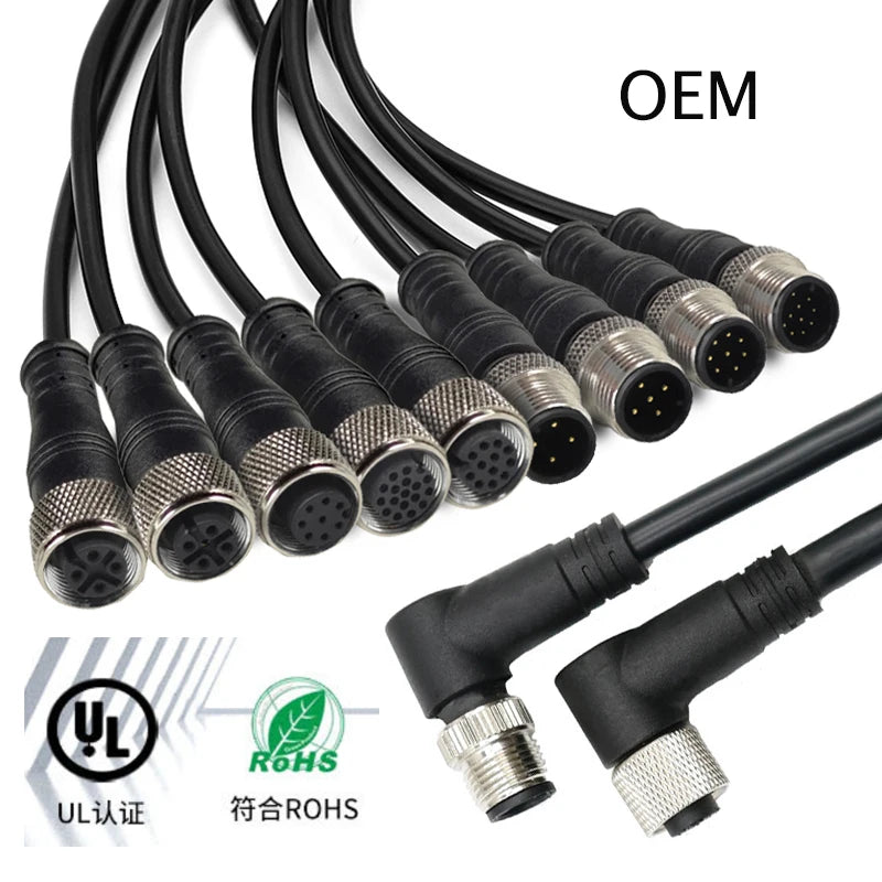M12 Cable Connector Male and Female Circular Shield 2 3 4 5 6 7 8 9 12 17 Pin PVC PUR Straight Angle Mold OEM Waterproof