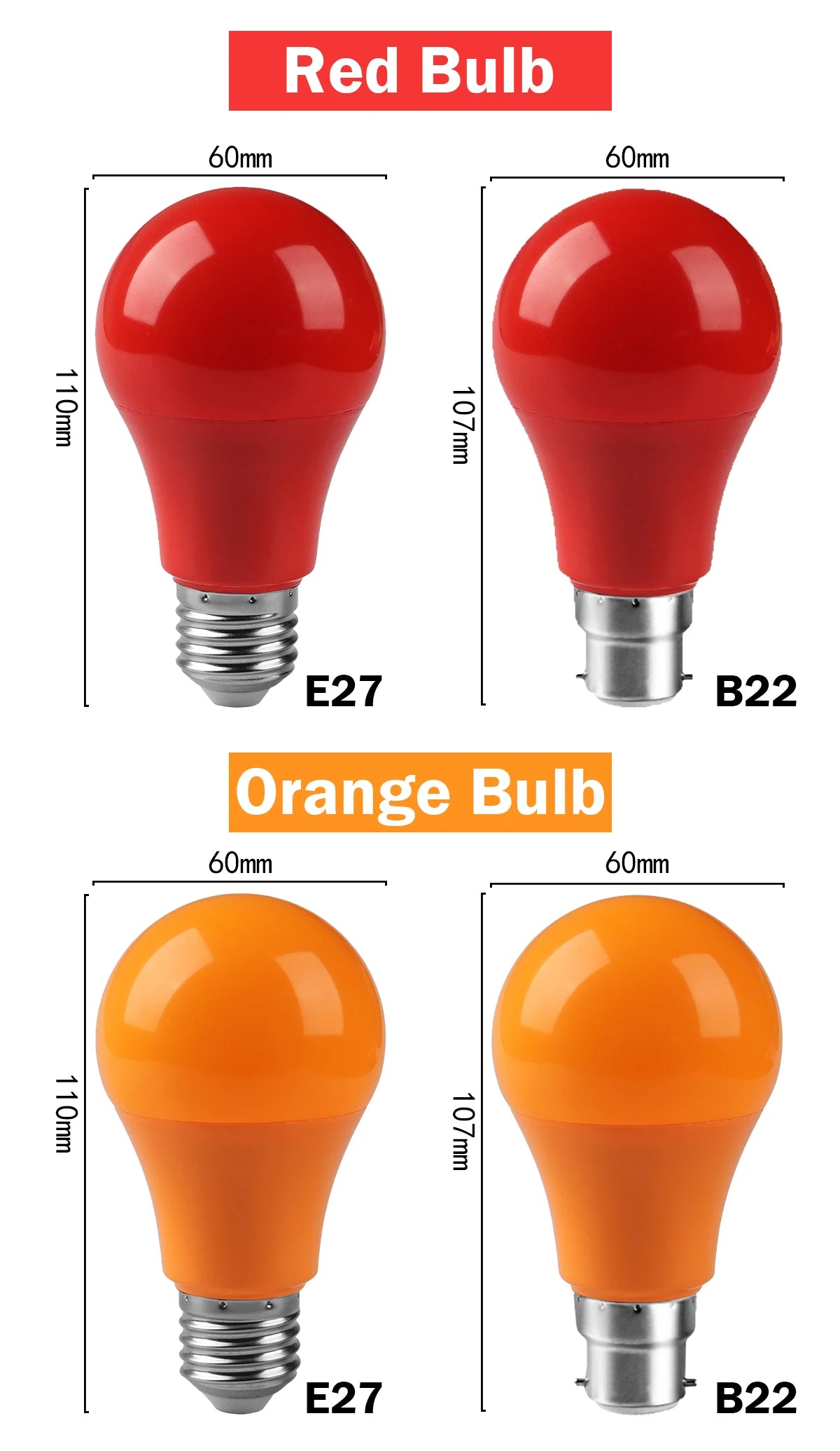 2-10pcs Colorful Bulb B22 E27 110V 220V Red Yellow Blue Green Pink Purple Orange Light Bulb Lamp for Home