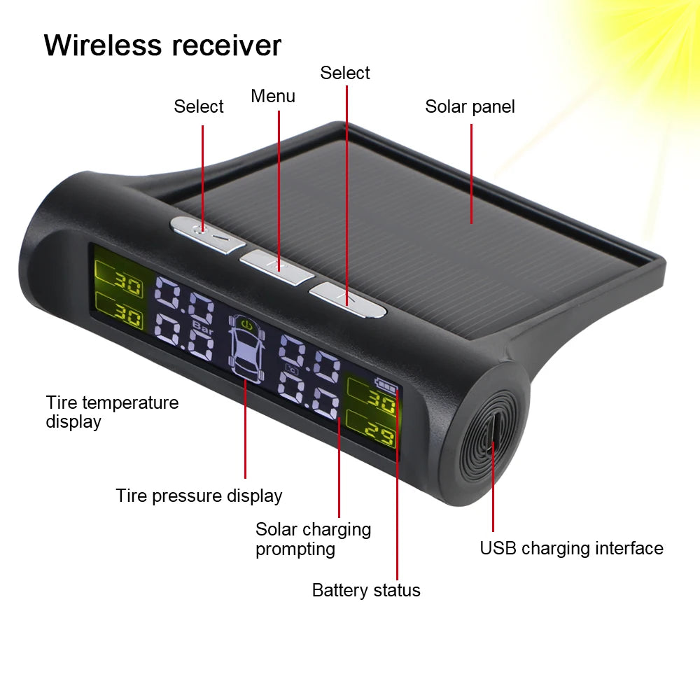 Temperature Warning Fuel Save Tire Pressure Monitoring System Solar TPMS With 4 External Sensors Car Tyre Pressure Monitor