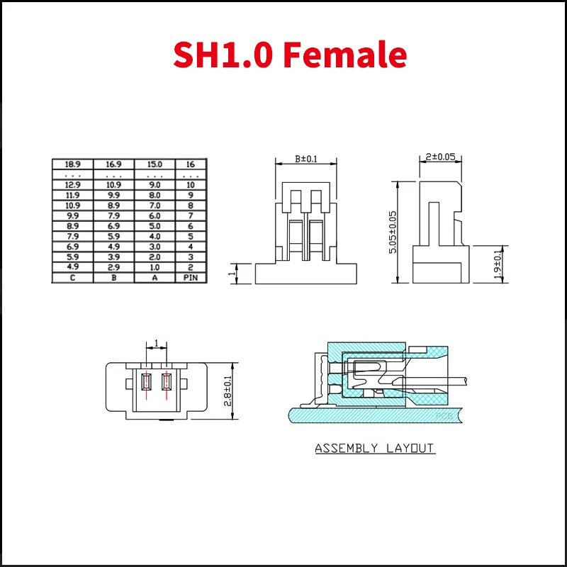 50pcs/LOT JST SH 1.0 female material SH1.0 1mm Pitch Connector 2/3/4/5/6/7/8/9/10P Pin Leads Housing Shell Housing SH-Y