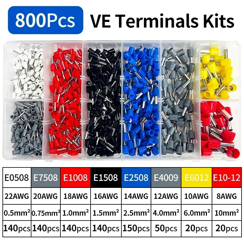 200-1900Pcs Electrical Tube Insulated Terminal VE Tubular Crimp Terminals Wire Cable Connector Ferrules Terminal Connectors
